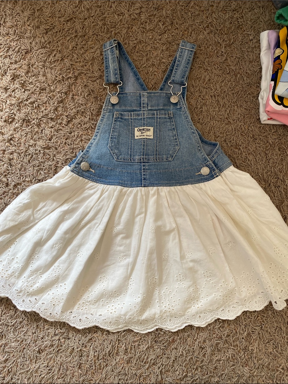 OshKosh B'gosh Denim & White Eyelet Skirt Overalls Dress 4T